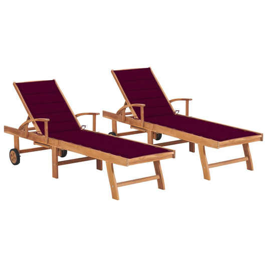 Chaises longues 2 pièces avec coussins en bois de teck massif rouge vin