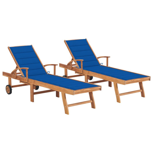 Chaises longues 2 pièces avec coussins en bois de teck massif bleu roi