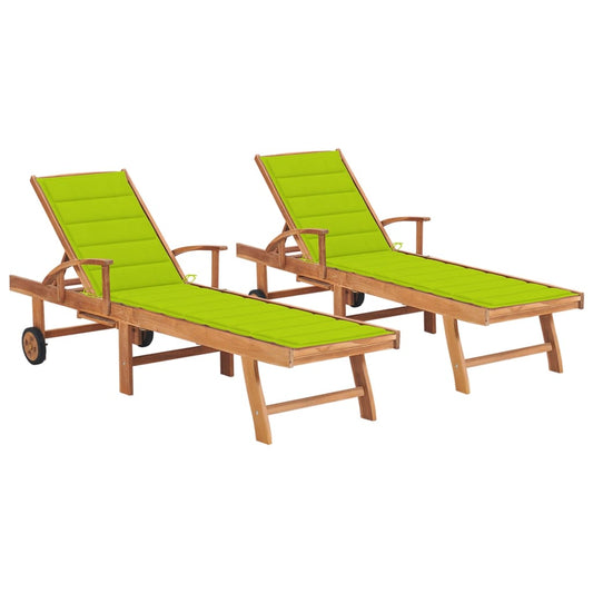 Chaises longues 2 pièces avec coussins en bois de teck massif vert clair