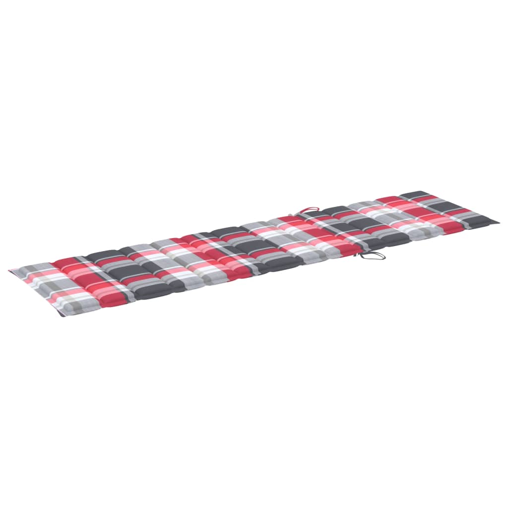 Chaises longues 2 pièces coussins motif à carreaux rouges bois de teck massif