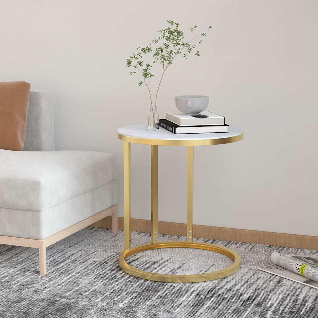 Beistelltisch Golden und Weiße Marmor-Optik 45 cm Hartglas