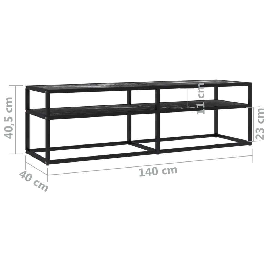 Meuble TV aspect marbre noir 140x40x40,5 cm verre trempé