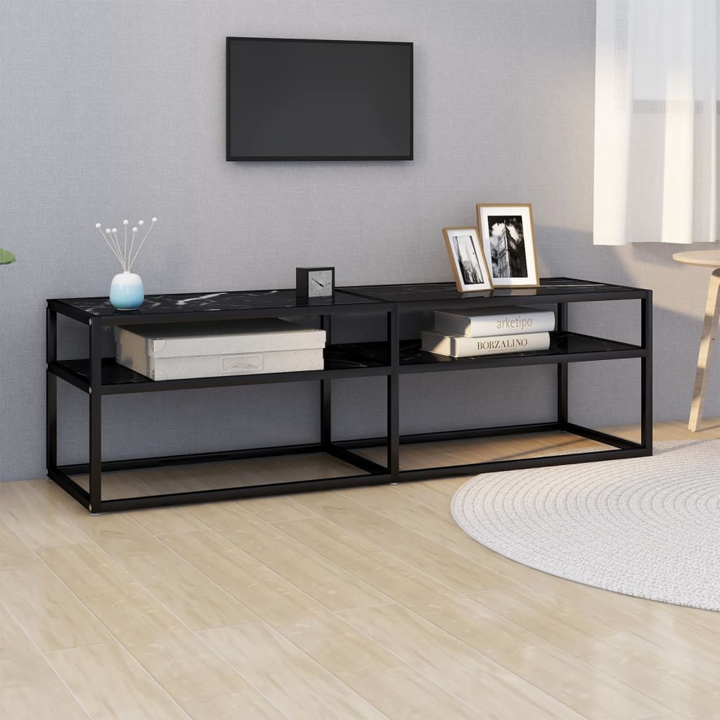 Meuble TV aspect marbre noir 140x40x40,5 cm verre trempé