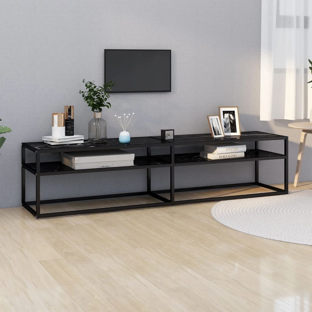 Meuble TV aspect marbre noir 180x40x40,5 cm verre trempé
