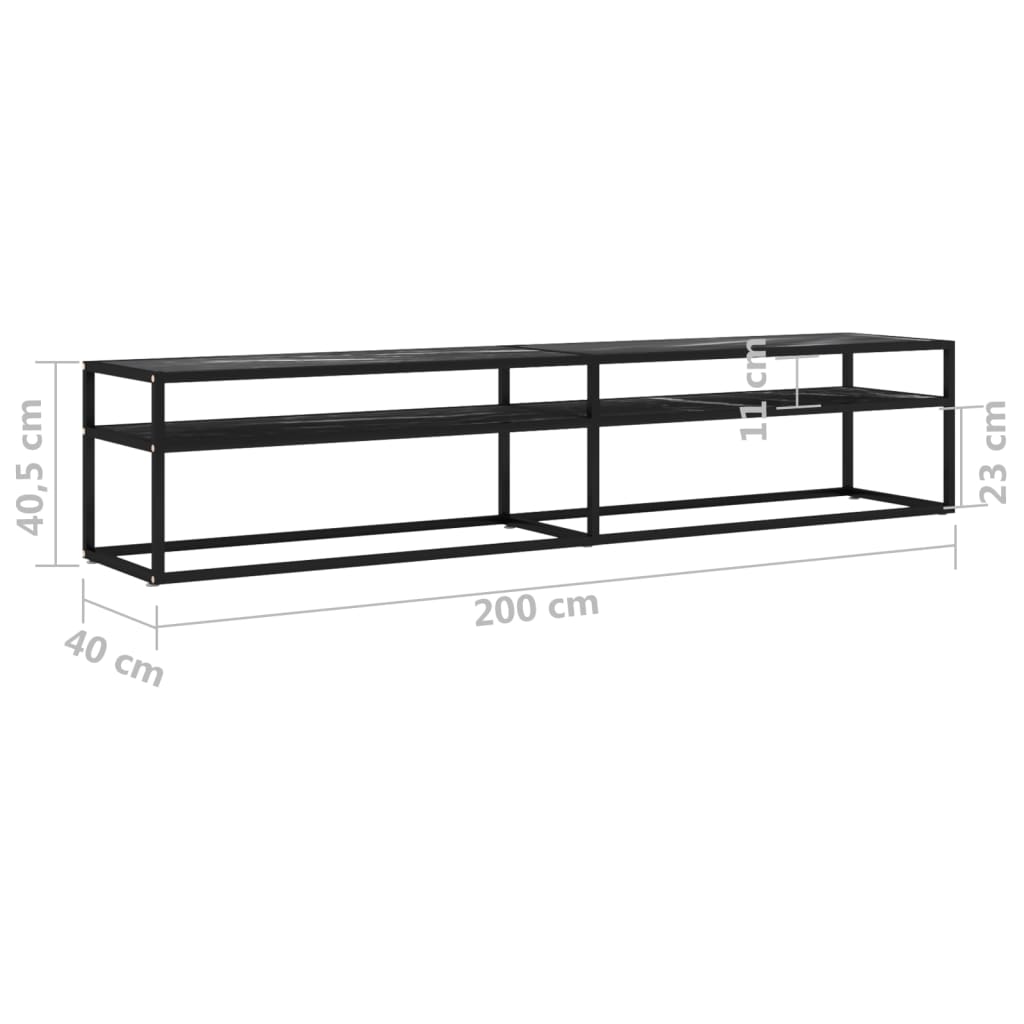 Meuble TV aspect marbre noir 200x40x40,5 cm verre trempé