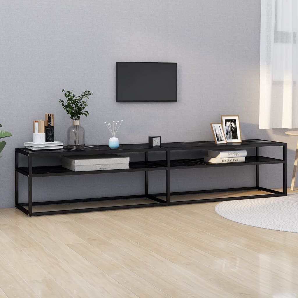 Meuble TV aspect marbre noir 200x40x40,5 cm verre trempé