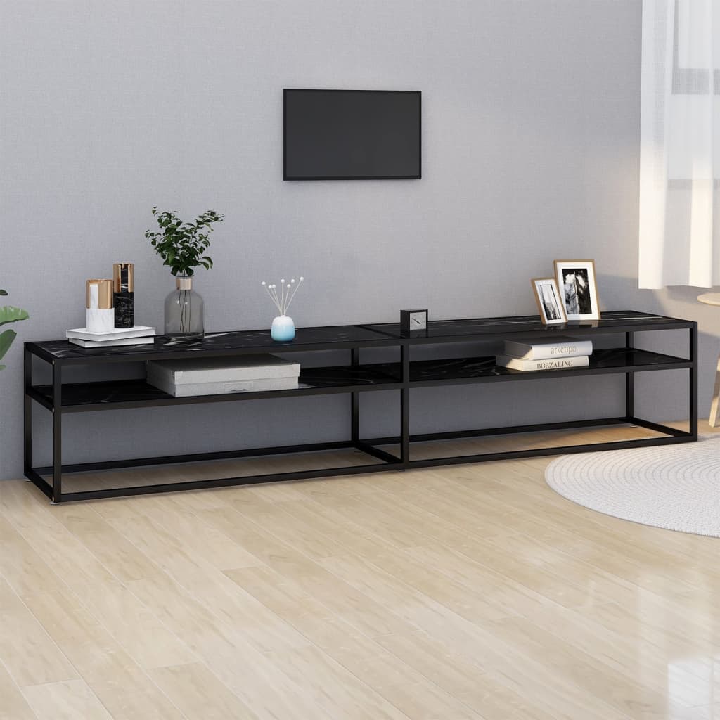 Meuble TV aspect marbre noir 220x40x40,5 cm verre trempé