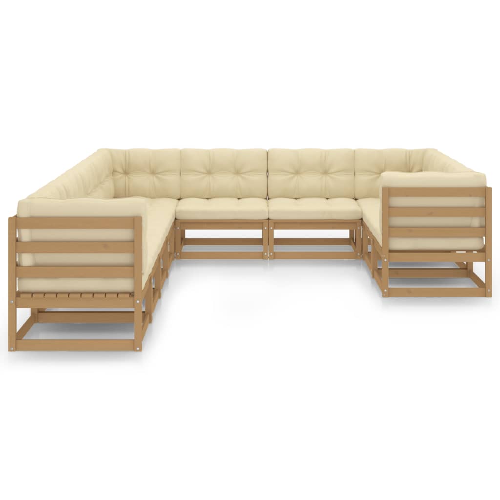 Salon de jardin 10 pièces avec coussins, marron miel, bois massif
