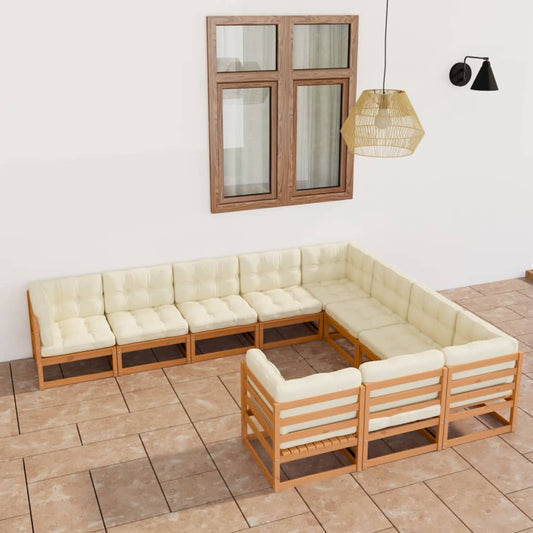 Salon de jardin 10 pièces avec coussins, marron miel, bois massif