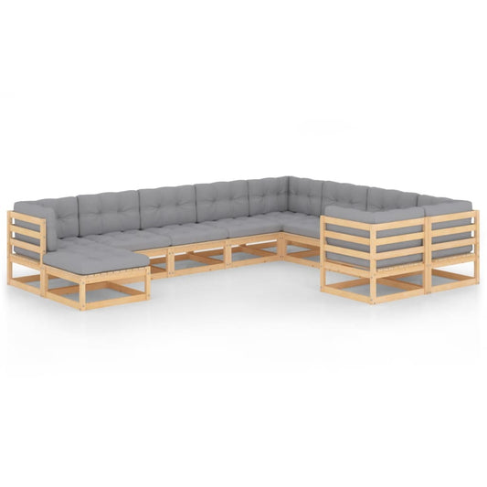 Salon de jardin 10 pièces avec coussins, en pin massif