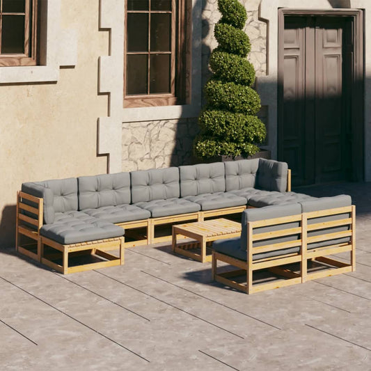 Salon de jardin 10 pièces avec coussins, en pin massif