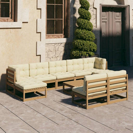 Salon de jardin 10 pièces avec coussins, marron miel, bois massif