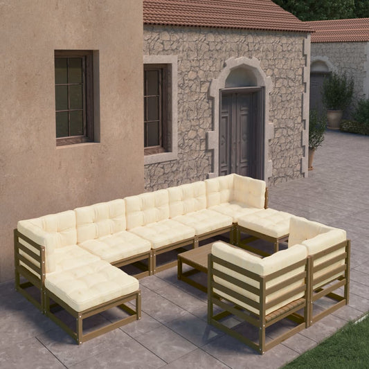 Salon de jardin 10 pièces avec coussins, marron miel, bois massif