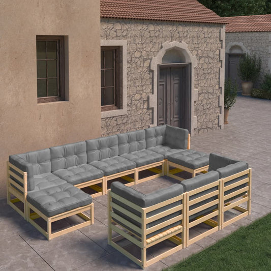 Salon de jardin 10 pièces avec coussins, en pin massif