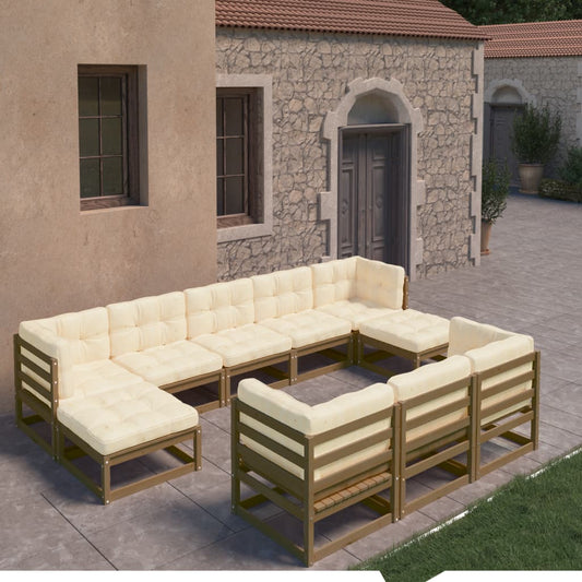 Salon de jardin 10 pièces avec coussins, marron miel, bois massif