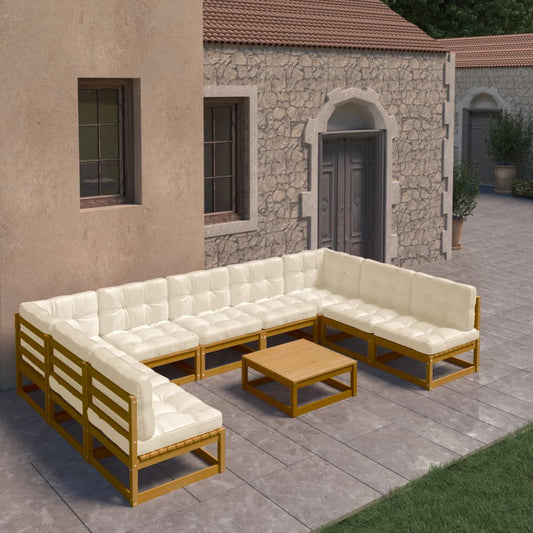 Salon de jardin 10 pièces avec coussins, marron miel, bois massif