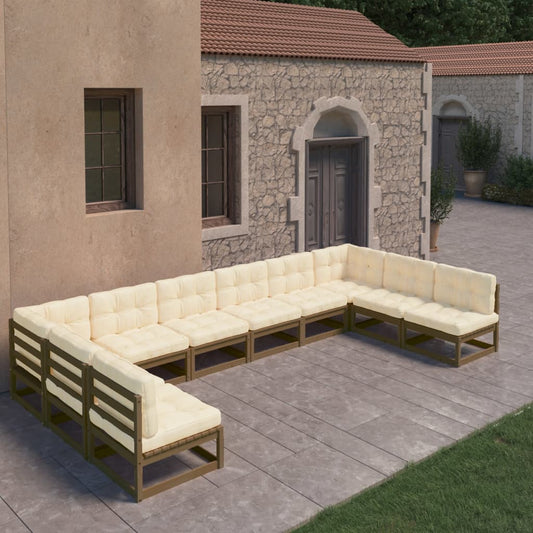 Salon de jardin 10 pièces avec coussins, marron miel, bois massif