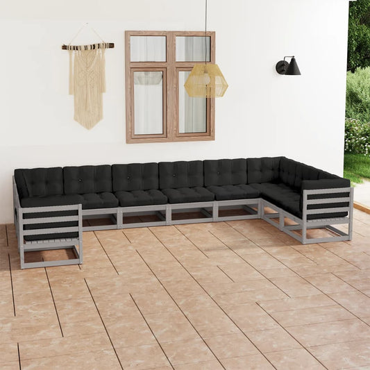 10-tlg. Garten-Lounge-Set mit Kissen Grau Massivholz Kiefer