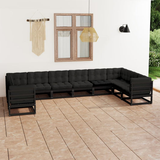 10-tlg. Garten-Lounge-Set mit Kissen Schwarz Massivholz Kiefer