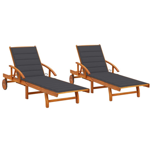 Chaises longues 2 pièces avec coussins en bois massif d'acacia