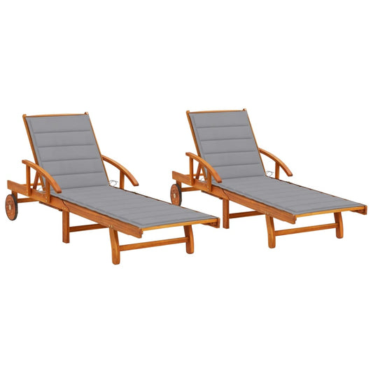 Chaises longues 2 pièces avec coussins en bois massif d'acacia