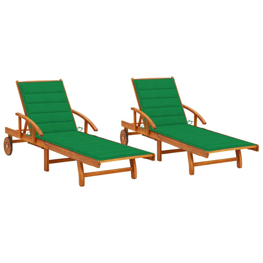Chaises longues 2 pièces avec coussins en bois massif d'acacia