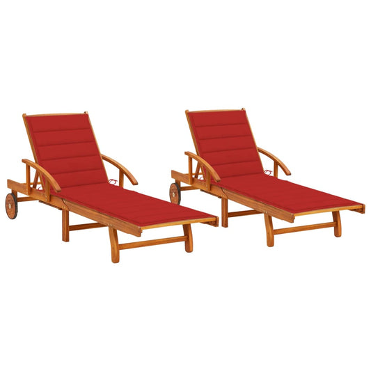 Chaises longues 2 pièces avec coussins en bois massif d'acacia