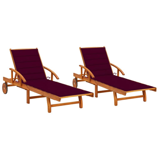 Chaises longues 2 pièces avec coussins en bois massif d'acacia