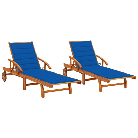 Chaises longues 2 pièces avec coussins en bois massif d'acacia