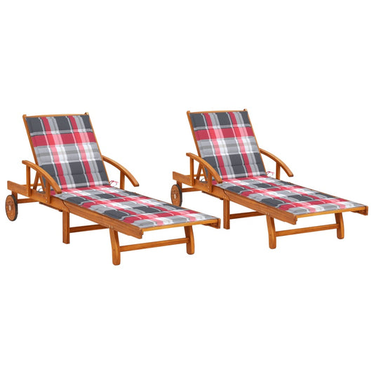 Chaises longues 2 pièces avec coussins en bois massif d'acacia