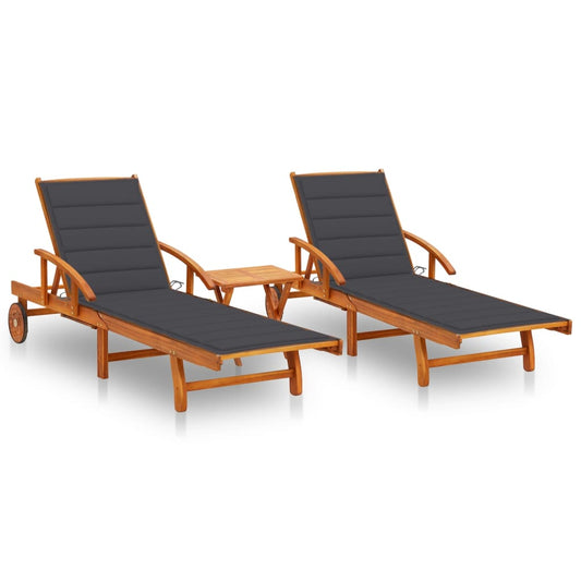 Chaises longues 2 pièces avec table et coussins en bois massif d'acacia