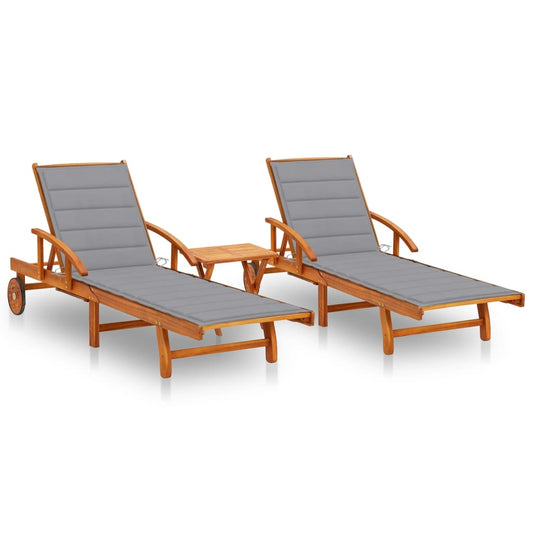 Chaises longues 2 pièces avec table et coussins en bois massif d'acacia