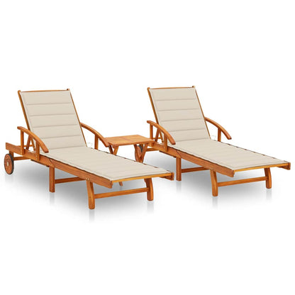 Sonnenliegen 2 Stk. mit Tisch und Auflagen Massivholz Akazie