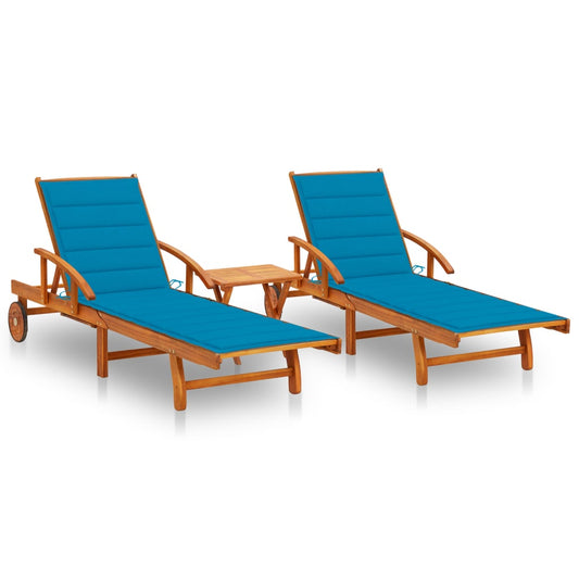 Chaises longues 2 pièces avec table et coussins en bois massif d'acacia
