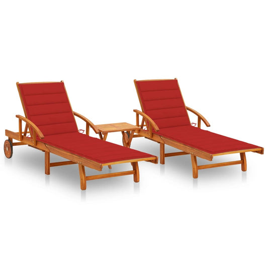 Chaises longues 2 pièces avec table et coussins en bois massif d'acacia