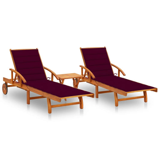 Chaises longues 2 pièces avec table et coussins en bois massif d'acacia
