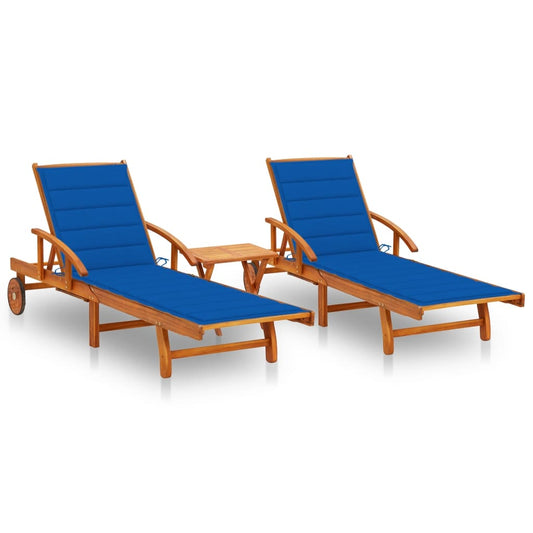 Chaises longues 2 pièces avec table et coussins en bois massif d'acacia