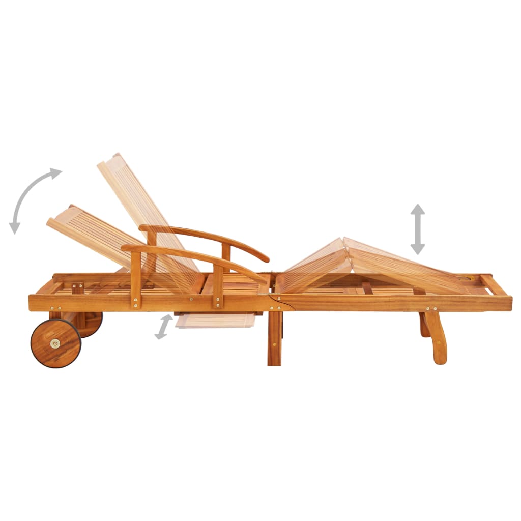 Chaises longues 2 pièces avec table et coussins en bois massif d'acacia