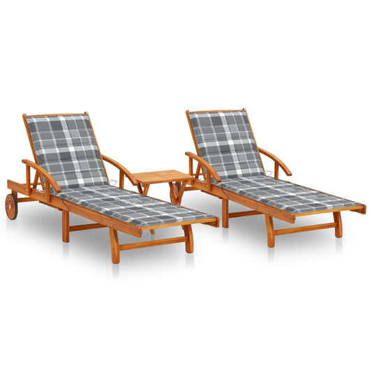 Chaises longues 2 pièces avec table et coussins en bois massif d'acacia