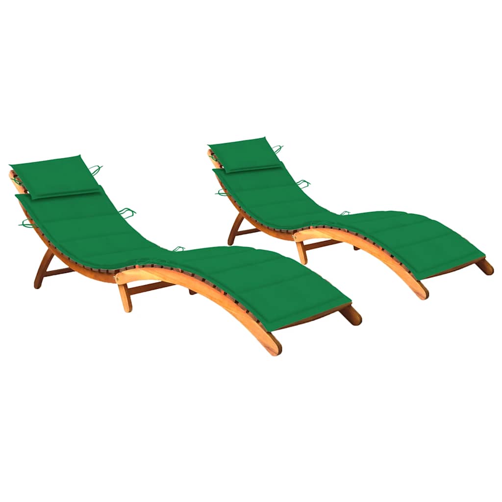 Chaises longues 2 pièces avec coussins en bois massif d'acacia