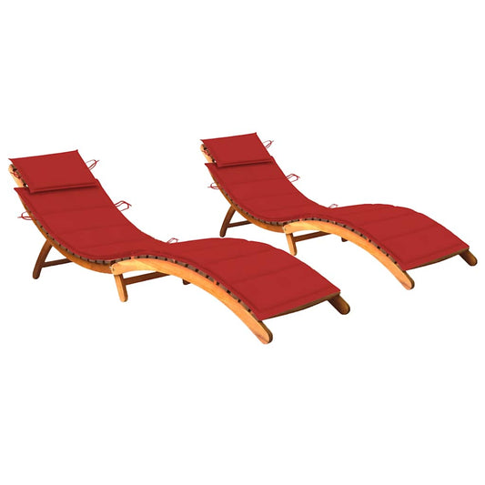 Chaises longues 2 pièces avec coussins en bois massif d'acacia