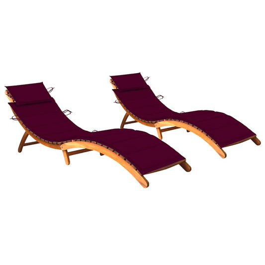 Chaises longues 2 pièces avec coussins en bois massif d'acacia