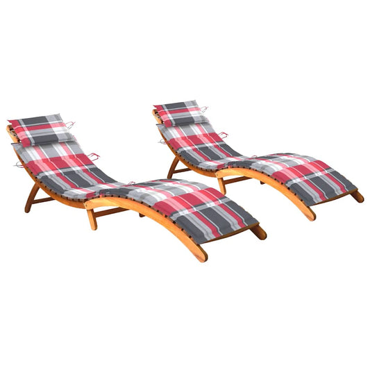 Chaises longues 2 pièces avec coussins en bois massif d'acacia