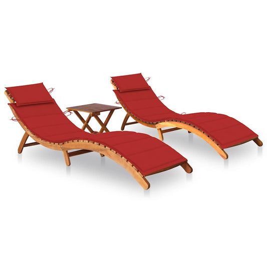 Chaises longues 2 pièces avec table et coussins en bois massif d'acacia