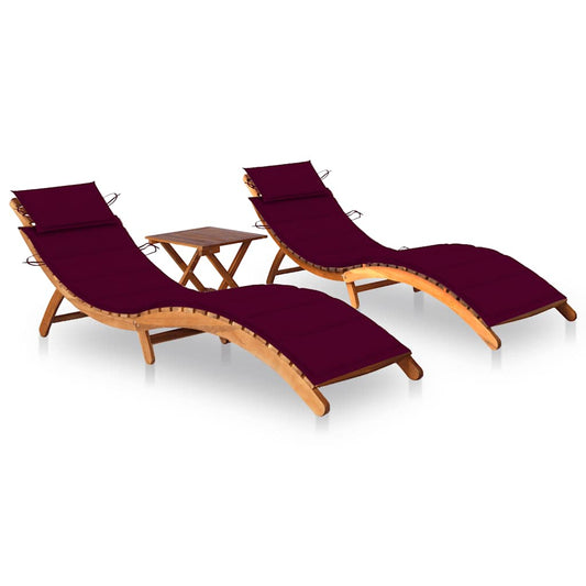 Chaises longues 2 pièces avec table et coussins en bois massif d'acacia