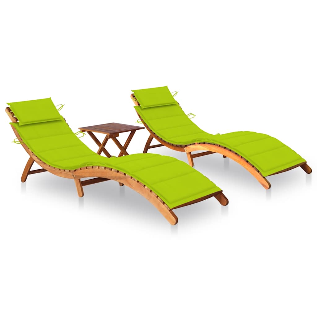 Chaises longues 2 pièces avec table et coussins en bois massif d'acacia