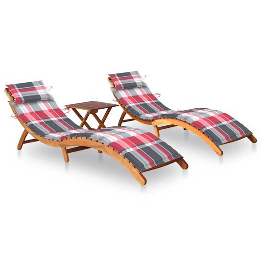 Chaises longues 2 pièces avec table et coussins en bois massif d'acacia