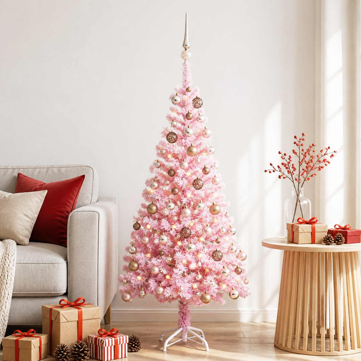 Künstlicher Weihnachtsbaum mit Beleuchtung & Kugeln Rosa 150cm