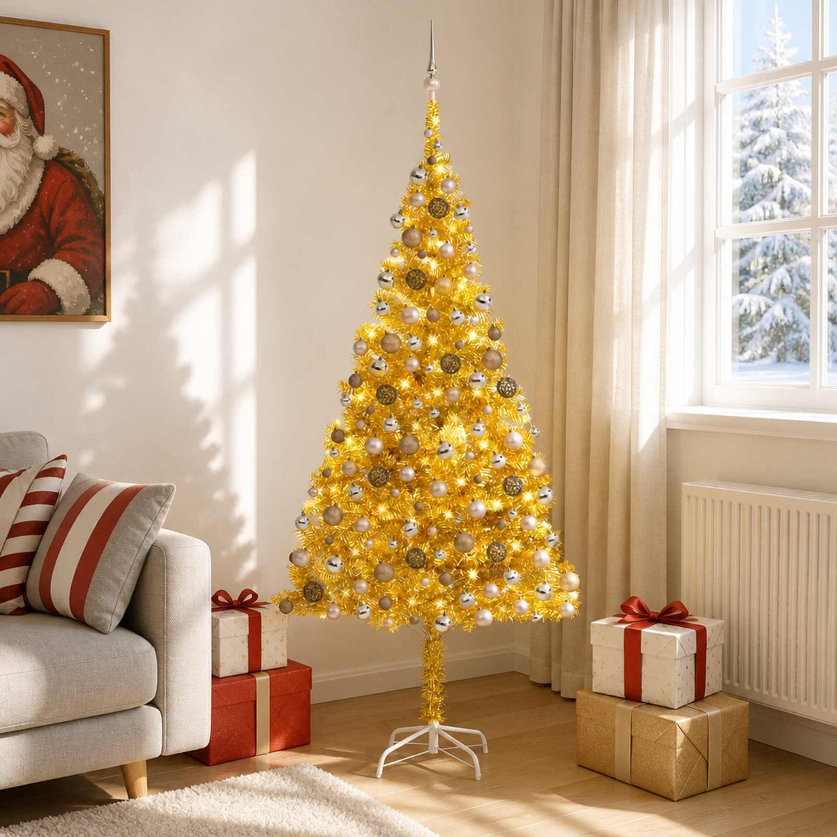 Künstlicher Weihnachtsbaum Beleuchtung & Kugeln Gold 210 cm