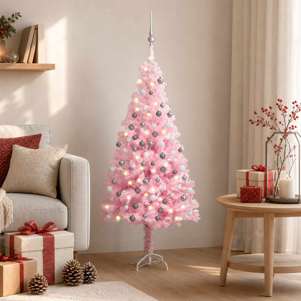 Künstlicher Weihnachtsbaum mit Beleuchtung & Kugeln Rosa 120cm